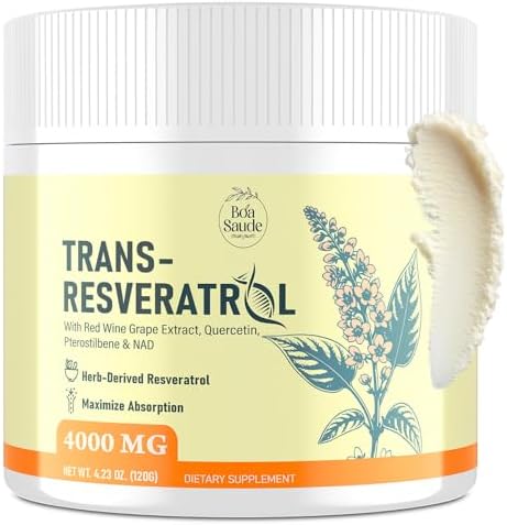 Trans-Resveratrol Powder (Порошок) Supplement 4000mg with Red Wine Extract, Quercetin,Pterostilbene & NAD, 4.23 Oz 30 Day Supply BoaSaude