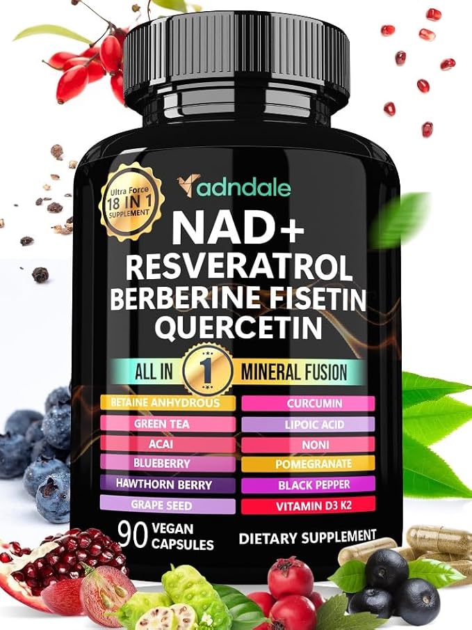 NAD Supplement 300mg & Resveratrol 1000mg Organic. Proprietary Longevity Formula with Liposomal NAD+, Trans Resveratrol, Quercetin, Betaine Anhydrous, Grape Seed, Fisetin. 90 Capsules (Капсулы), 9555mg/Serv. Adndale