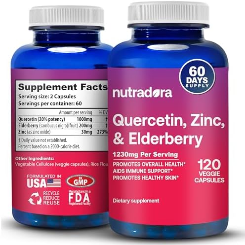 Quercetin 1000mg Veggie Capsules (Капсулы на растительной основе), Non-GMO, Elderberry Zinc Quercetin Supplements Supports Immune, Cardiovascular & Respiratory Health,120 Capsules (Pack of 1) Nutradora