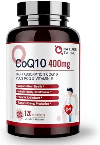 NATURE TARGET CoQ10-400mg Plus PQQ with Vitamin E & Organic Olive Oil - Coenzyme-Q10 with BioPerine - High Absorption Antioxidant-for-Heart-Health and Energy Production,120 Servings (Порции) NATURE TARGET