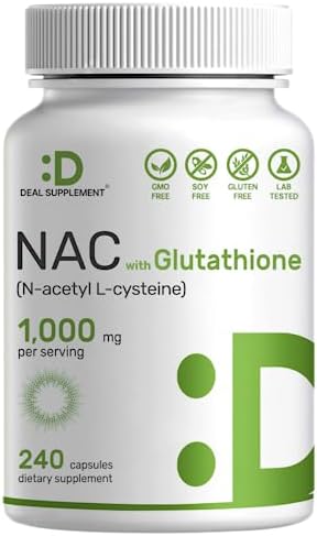 Deal Supplement NAC Supplement (N-Acetyl Cysteine) 1,000mg Per Serving (Порция) with Reduced Glutathione, 240 Capsules (Капсулы) – Antioxidant Support for Immune Health, Lung, & Liver Function DEAL SUPPLEMENT