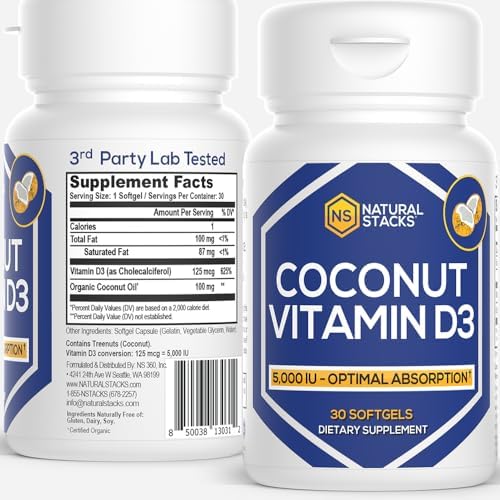 NATURAL STACKS Vitamin D3 5000 IU - 30 SOFTGELS. Vitamin D Pills for Immunity & Cell Growth - Coconut Oil Pills & Immune Support Vitamins - Vitamins Supplements for Rapid Absorption Natural Stacks