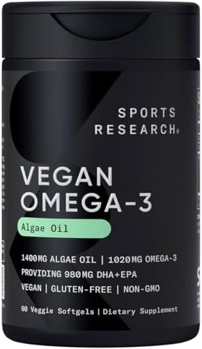 Sports Research Vegan Omega-3 Fish Oil Alternative from Algae Oil - Highest Levels of Vegan DHA & EPA Fatty Acids | Non-GMO Verified & Vegan Certified - Fresh Lemon Scent - 60 Veggie Softgels (Мягкие капсулы на растительной основе) Sports Research