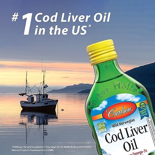 Carlson - Cod Liver Oil Minis, 280 mg Omega-3s + Vitamins A & D3, Heart Support & Cognitive Function, Vision Health, 250 Mini Soft Gels Carlson