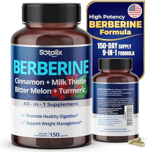 Premium Berberine Supplement with Ceylon Cinnamon, Bitter Melon, Milk Thistle - 150 Day Supply (150 Count (Pack of 1)) SOTALIX SUPPLEMENT