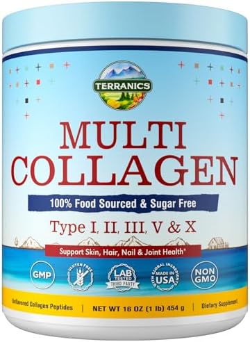 Terranics Multi Collagen Peptides Powder (Порошок), Type I II III V X Collagen for Women & Men, Collagen Supplements for Skin, Nail, Hail & Joint, Easy to Dissolve, Unflavored (Без вкуса), No Sugar, Keto, 8oz Terranics