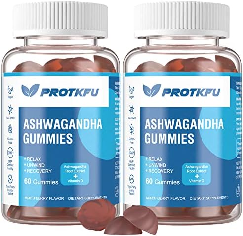 2 Pack Ashwagandha Gummies (Жевательные конфеты) & Vitamin D3 Gummies Organic Aswangdha Supplement for Improve Sleep, Stress Relief & Mood Calm (Non-GMO, Gluten-Free & Sugar Free) ProTKFU