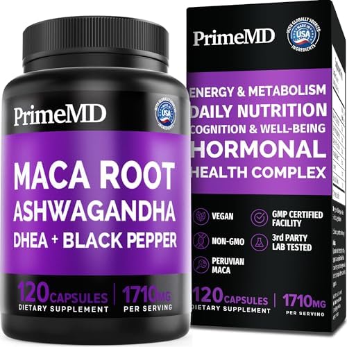 6-in-1 Organic Maca Root & Ashwagandha Capsules (Капсулы) 1710mg w/DHEA & Black Pepper Fruit Extract - Maca Root Capsules for Women & Men - Stamina, Bone and Mood Support Supplement,120 Capsules (40 Servings (Порции)) PrimeMD