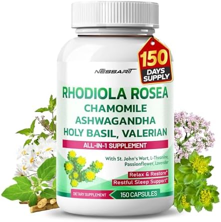 RHODIOLA ROSEA 15,000mg Supplement- 11-in-1 Natural Blend with Chamomile L-Theanine Ashwagandha Holy Basil Valerian Passionflower - 150 Count - Made & Tested in The USA NESSARIT