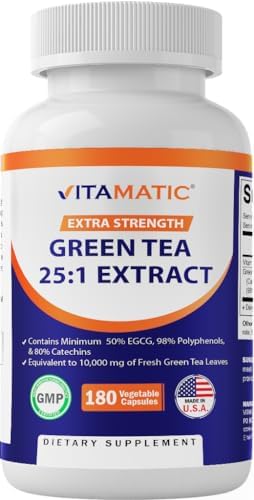 Vitamatic Green Tea Extract with Vitamin C, 25X Concentrate, 98% Polyphenols, 80% Catechins, 50% EGCG, 180 Veg Capsules (Вегетарианские капсулы) Vitamatic