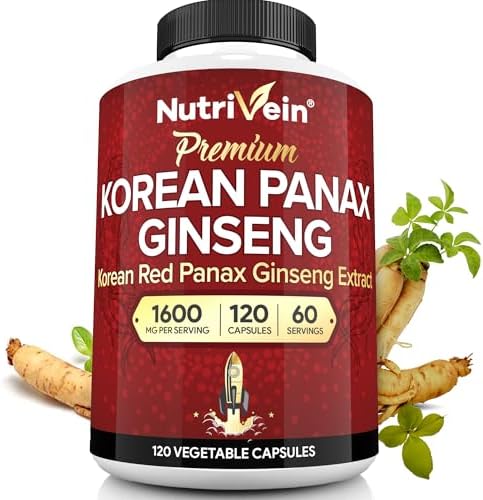 Nutrivein Korean Red Panax Ginseng 1600mg - 120 Capsules - High Potency for Energy, Focus, Performance, Vitality & Immune Support - for Men and Women Nutrivein