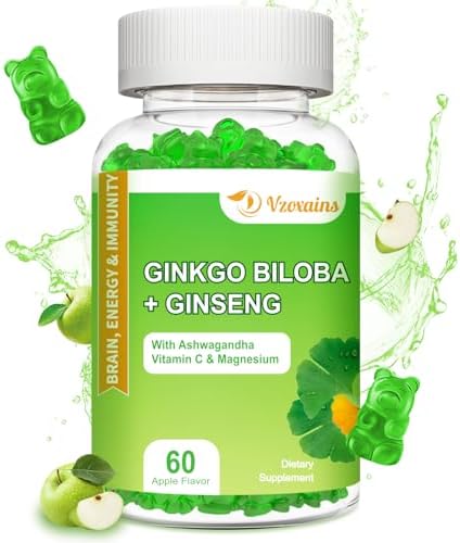 Ginkgo Biloba Gummies (Жевательные конфеты) with Ginseng and Magnesium, Ginko Biloba Supplements Gummies for Brain Focus, Energy Mood and Memory for Adults, 60 Cts VZOXAINS