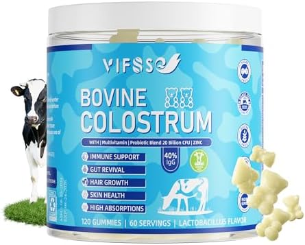 Grass Fed Colostrum Supplement 2000mg, 120 Gummies (Жевательные конфеты) Sugar Free 40% IgG Bovine Colostrum Gummies + Probiotic, Multivitamin Etc for Immune Support, Gut Support, Hair & Skin VIFSSG