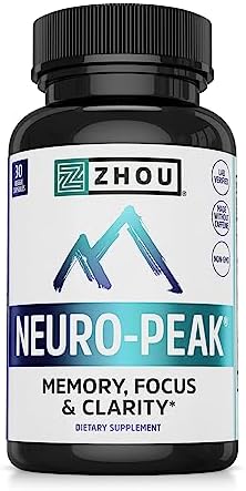 Zhou Neuro Peak Brain Support Supplement | Memory, Focus & Clarity Formula | DMAE, Rhodiola Rosea, Bacopa Monnieri, Ginkgo Biloba & More | 30 VegCaps Zhou