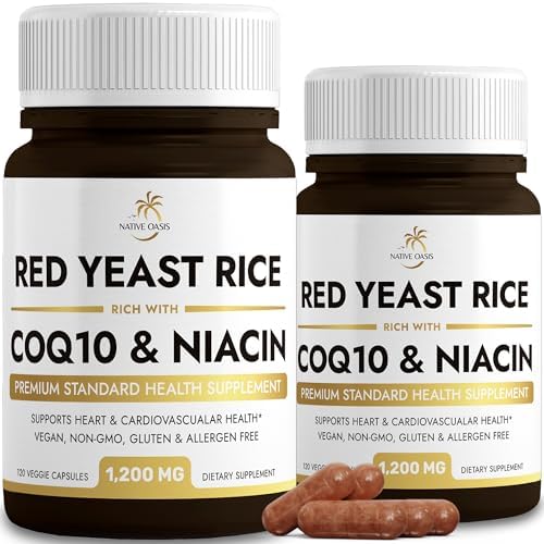 (2 Bottles) Red Yeast Rice 1,200 mg. Capsules (Капсулы) Made with CoQ10 and Flush Free Niacin (240 Count) | Non-GMO, Citrinin Free, Gluten Free, Allergen Free & Vegan Friendly. NATIVE OASIS