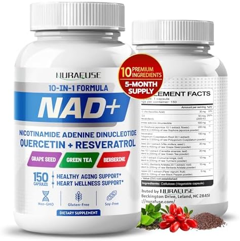 NAD+ 10-in-1 Formula with Nicotinamide Riboside (NR), Quercetin, Resveratrol,Grape Seed, Berberine - Non-GMO, Gluten-Free, Soy-Free-Made in USA NURAFUSE