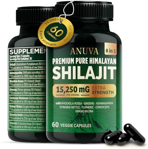 Anuva Pure Premium Himalayan Shilajit 15,250mg, with Ashwagandha, Cordyceps Mushroom, Turmeric, Ginseng, Gingko Biloba, Stinging Nettle, 60 Vegetarian Capsules (Вегетарианские капсулы) | Shilajit for Men, Shilajit for Women Anuva