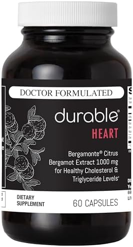 Durable Heart 1,000 mg Extra-Strength Bergamonte Citrus Bergamot & Olive Leaf Extract + Non-GMO Vitamin C - Natural Heart Supplements, Healthy Cholesterol Support - Made in USA (1 Bottle) Durable