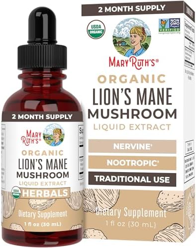 MaryRuth Organics Lions Mane Mushroom Supplement, Upto 2 Month Supply, Nootropic USDA Organic Lions Mane Extract Nervine Herbal Liquid Drops (Жидкие капли), Brain Health Non-GMO Vegan Alcohol Free Tincture, 1 Fl Oz MaryRuth Organics