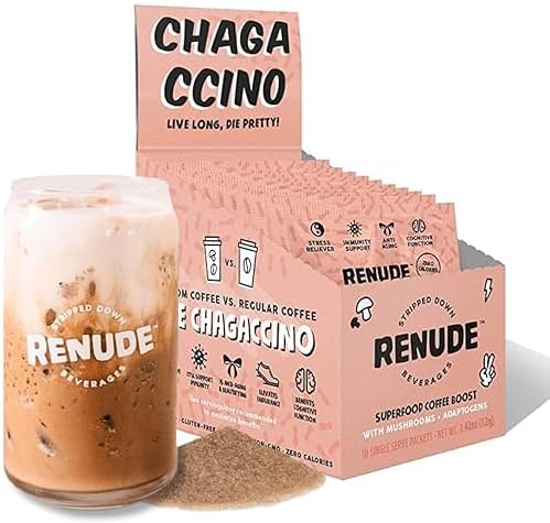 Renude Chagaccino - Chaga Mushroom Powder (Порошок), Mushroom Coffee Drink Mix with Adaptogens, Natural Energy and Immune Support, Vegan, Keto, Zero Calorie Mushroom Blend Powder - 10 Servings (Порции) Renude