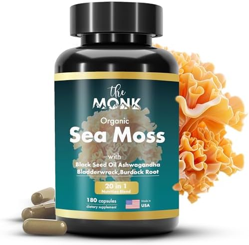 Organic Irish Sea Moss Capsules (Капсулы) - Advance Formula, Raw Wildcrafted Seamoss Supplement with Bladderwrack and Burdock Root - 180 Pills - Made in The USA THE MONK