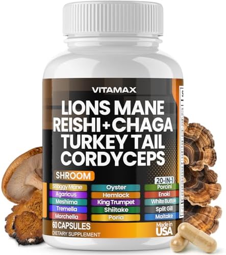 Lions Mane Mushroom 3000mg Turkey Tail 2000mg Chaga & Reishi 1000mg Cordyceps Shiitake White Elm King Trumpet Nameko Oyster Focus & Energy - Made in USA 60ct Vitamax