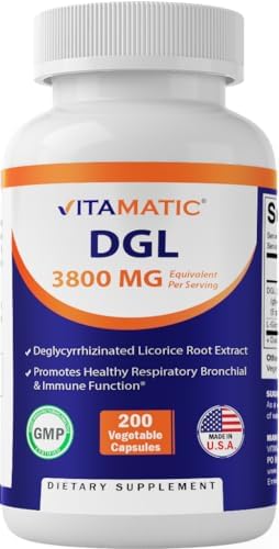 Vitamatic DGL Licorice 10:1 Extract 380 mg (3800mg Equivalent of Licorice Root) - 10X Stronger - Supports Healthy Digestive & Respiratory Functions - 200 Capsules (Капсулы) Vitamatic