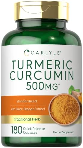 Carlyle Turmeric Curcumin with Bioperine | 500 mg | 180 Powder (Порошок) Capsules (Капсулы) | Support Complex with Black Pepper | Non-GMO, Gluten Free Supplement Carlyle