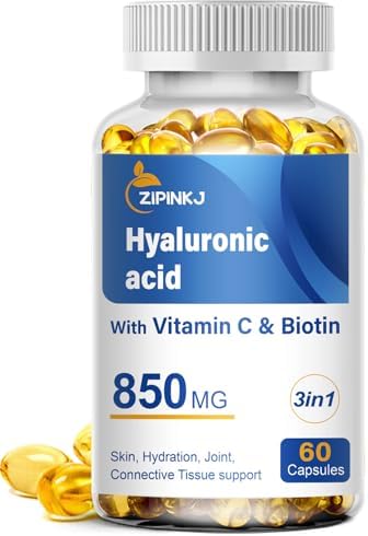 Hyaluronic Acid Supplements 850mg with Biotin 5000mcg & Vitamin C 25mg High Absorption Antioxidant Joint Health & Anti Aging, Skin Hydration, Hair and Nails Health, Non-GMO, 60 softgels ZIPINKJ