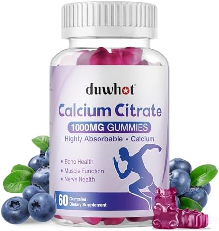 Calcium Citrate Gummies, Chewable Calcium Citrate 1000mg for Bone, Muscle & Immune Support, Ultimate Absorption Calcium Supplements for Women & Men, Blueberry, 60 Chews Duwhot