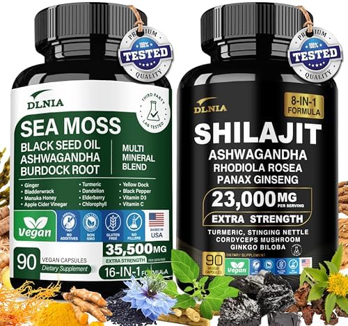 Shilajit 9000mg, Sea Moss 17500mg, Ginger & Black Seed Oil 4000mg, Ashwagandha 5000mg, Rhodiola Rosea, 1000mg Panax Ginseng 1500mg, All in 1 Supplement - Sea Moss & Shilajit Vitality Bundle DLNIA