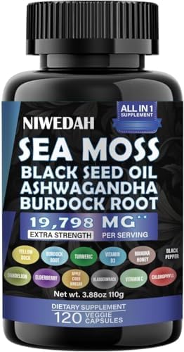 Sea Moss 7000mg Ashwagandha 2000mg Black Seed Oil 4000mg Turmeric 2000mg Bladderwrack 2000mg Burdock 2000mg & Ginger Vitamin C Vitamin D3 with Elderberry Manuka Dandelion Yellow Dock (120 Capsules) NIWEDAH