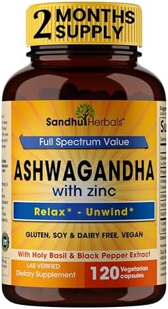 Ashwagandha Supplement | 60 Organic 4 in 1 Capsules, 1 Month Supply | 8000mg with Zinc, Black Pepper and Holy Basil Extract | Stress Relief, Mood, Immune & Energy Support | Non-GMO SANDHUHERBALS