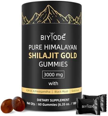 Shilajit Gummies (Жевательные конфеты): Pure Shilajit Himalayan Rich in Ashwagandha Gaulshura Fulvic Acid 85 Micronutrients Suitable for Men and Women No Added Sugar Non-GMO 100% Natural Organic 60 Gummies BIYODE