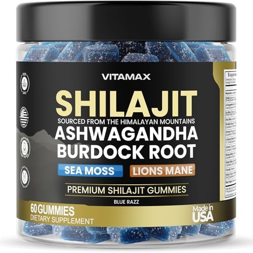 Organic Shilajit Gummies 1500mg, Sea Moss 200mg, Ashwagandha 500mg, 105+ Trace Minerals – Organic Burdock Root & Lions Mane Mushroom - Blue Razz – Vegan & Non-GMO – Made in USA – 60ct Vitamax