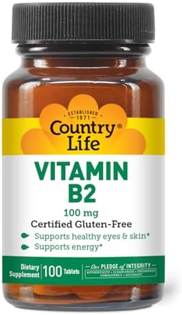 Country Life Vitamin B-2, Supports Health Eyes & Skin and Energy, 100mg, 100 Tablets (Таблетки), Certified Gluten Free, Certified Vegan, Certified Halal… Country Life