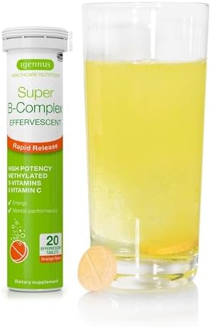 Super B-Complex Liquid (Жидкость) B-Vitamin Effervescent Drink, Methylated, Fast Action Energy Supplement, Caffeine-Free, Sugar-Free, Orange Flavor, Vegan, 20 Effervescent Tablets (Шипучие таблетки), by Igennus Igennus Healthcare Nutrition