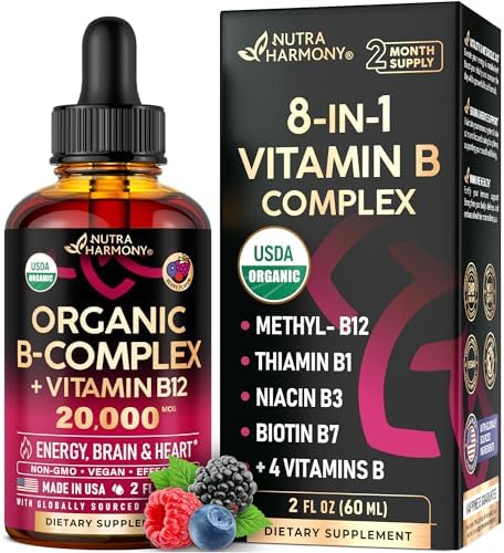 USDA Organic Vitamin B-Complex B5 Pantothenic Acid | B12 Methylcobalamin | B1 Thiamine | B6 Pyridoxine | B7 Biotin | B9 Folic | B3 Niacinamide - B Complex Liquid Drops, Made in USA Supplement, 2fl oz Nutraharmony