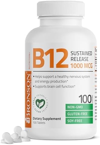 Bronson Vitamin B12 1000 mcg (B12 Vitamin As Cyanocobalamin) Sustained Release Premium Non GMO Tablets (Таблетки) Supports Nervous System, Healthy Brain Function and Energy Production, 100 Count Bronson