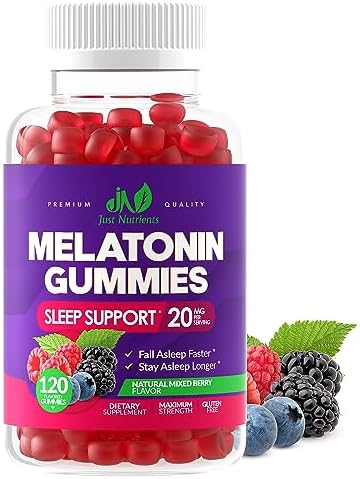 Melatonin 20mg Gummies (Жевательные конфеты) for Adults (120 Count) - Maximum Strength Sleep Gummies with 10mg of Melatonin Per Gummy - Gluten-Free, Non-GMO, Vegetarian, Great Tasting Mixed Berry Flavor - 60 Servings (Порции) Just Nutrients