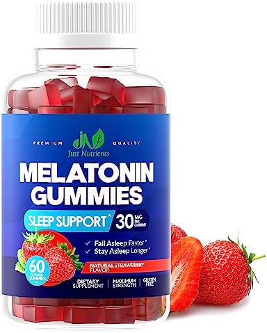 Melatonin 30mg Gummies (Жевательные конфеты) for Adults (60 Servings (Порции)) - Maximum Strength Sleep Aid with 30mg of Melatonin Per Gummy - Gluten-Free, Sugar-Free, Non-GMO, 100% Vegetarian, Strawberry Flavor - 60 Gummies Just Nutrients