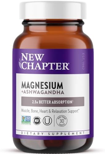 New Chapter Magnesium + Ashwagandha Supplement, 325 mg with Magnesium Glycinate, Calm & Relaxation, Muscle Recovery, Heart & Bone Health, 2.5x Absorption, Gluten Free, Non-GMO - 30 ct (1 Month Supply) New Chapter