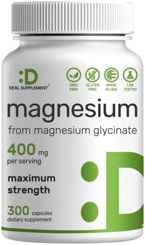 Magnesium Glycinate 400mg | Elemental Magnesium - 300 Capsules (Капсулы) | Chelated for Easy Absorption | Highly Purified Essential Trace Mineral for Muscle, Joint, Heart, & Immune Support DEAL SUPPLEMENT