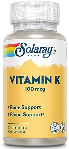 Solaray Vitamin K-1 100mcg | Healthy Bone Structure, Blood Clotting, Protein Synthesis Support | Non-GMO, Vegan & Lab Verified | 100 Tablets Solaray