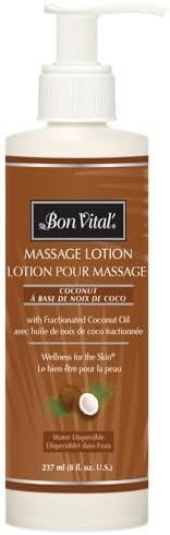 Bon Vital' Coconut Massage Lotion with 100% Pure Fractionated Coconut Oil, Lightweight Massage Lotion, Provides a Massage with Intense Skin Hydrating and Moisturizing 8 Oz, Label may Vary Bon Vital'