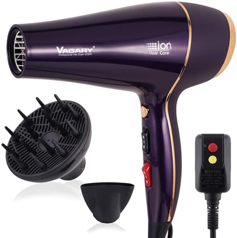 VAGARY Professional Salon 2200W Blower Dryer with Diffuser Concentrator Nozzles,Negative Ionic Blow Dryer,Low Noise Hair Dryers,2 Speeds and 2 Heat Settings 1 Cool Shot Button VAGARY