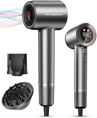 Hair Dryer - Negative Ionic Blow Dryer with 150000 RPM High Speed Brushless Motor for Fast Drying, Low Noise, HD Display Hair Dryer with Diffuser and Nozzle, 5 Temps & 2 Speeds Cosy Companions