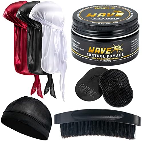 "Goiple Hair Care Kit for Men's 360 Wave - Pomades for Strong Hold, Easy Wash, Moisture Control, Silky Shine & Training, Curved Brush, Durag Cap Set, Du-rag, " Goiple