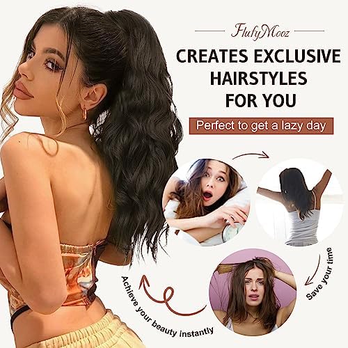 FLUFYMOOZ Ponytail Extension, 18 Inch Claw Clip Ponytail Extension, Wavy Curly Claw Clip in Ponytail Hair Extensions, Natural Fake Ponytail Synthetic Hairpiece for Women (Black Brown) Flufymooz