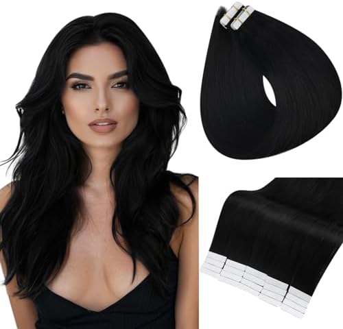 Full Shine Real Human Hair Extensions Tape in 10 Inch Invisible Hair Extensions 1 Jet Black Hair Straight Hair Extensions 20 Pcs Seamless Tape in Hair Extensions 30 Grams Short Hair Full Shine